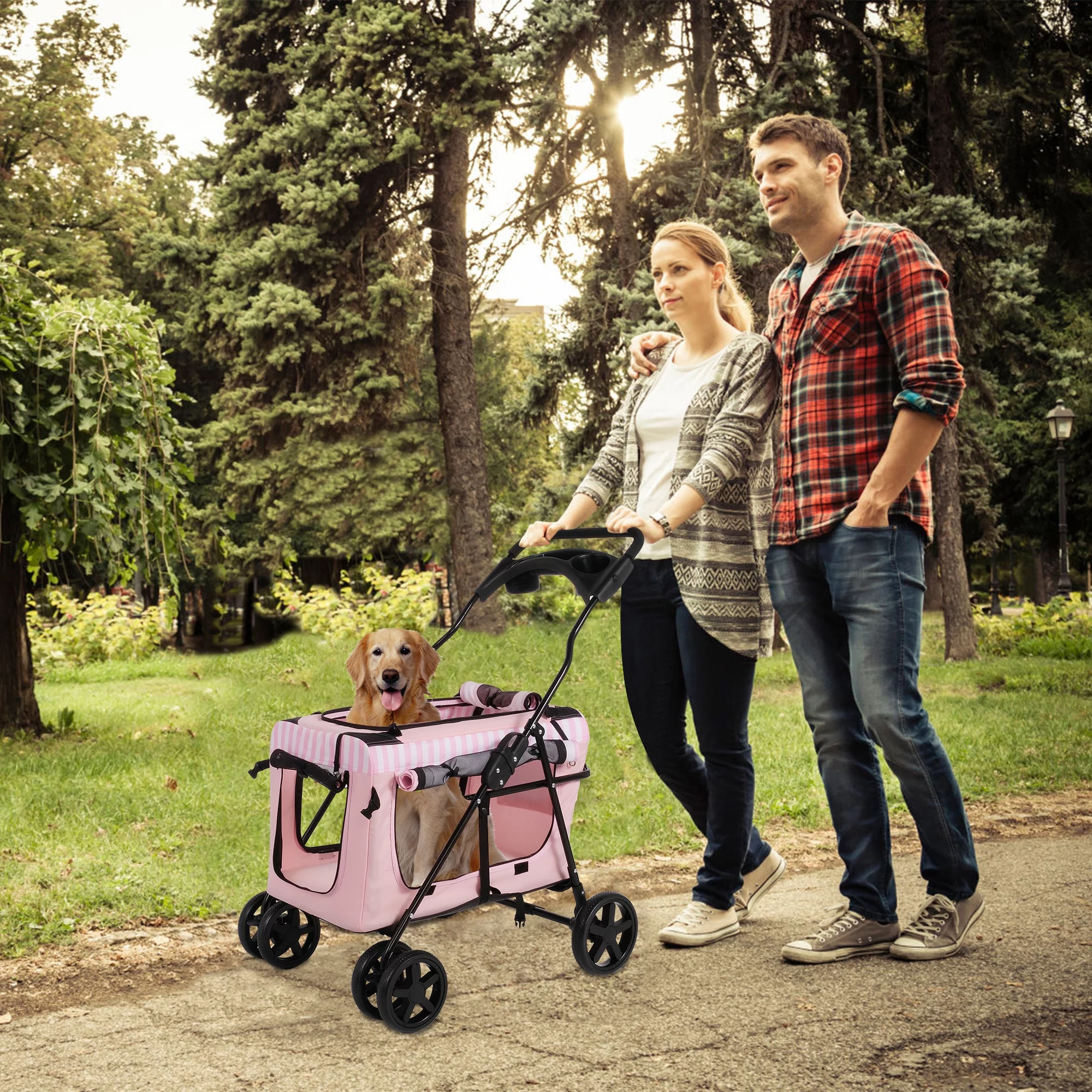 3-in-1 Folding Pet Dog Stroller, 4-Wheel Travel Dog Stroller with Water Cup Holder and Detachable Carrier Bag, Jogger with Pet Cat Kitten Puppy Carriages, Pink - Curated Treasures Market