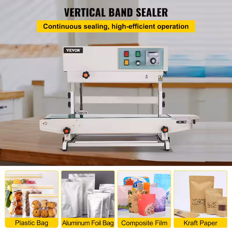 Continuous Band Sealer FR 900 White Food Vacuum Sealer Vertical Automatic Sealing Machine w/ Digital Temperature Control