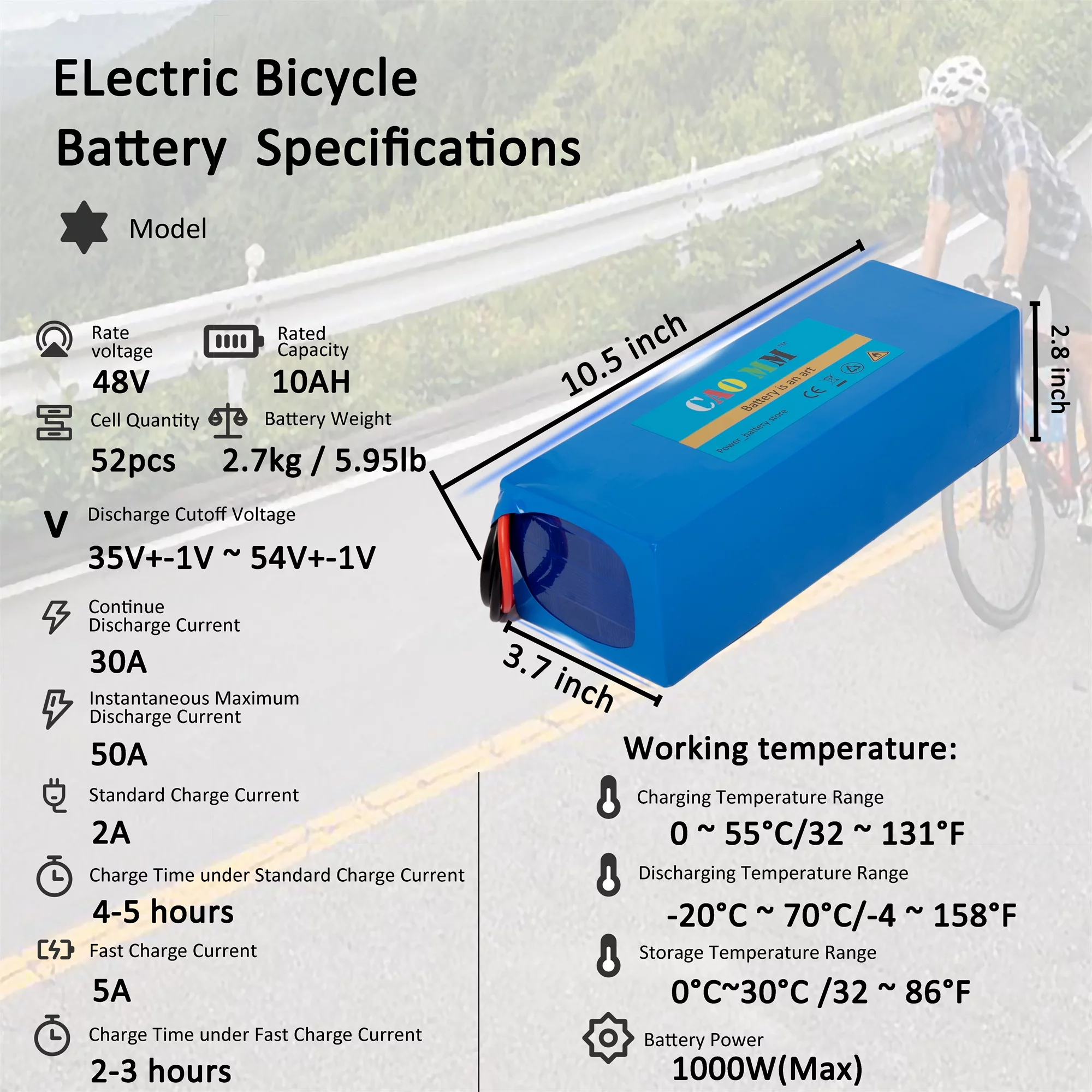 48V 14Ah Lithium Battery Without Charger T-Plug 30A BMS for 1000W Electric Bike