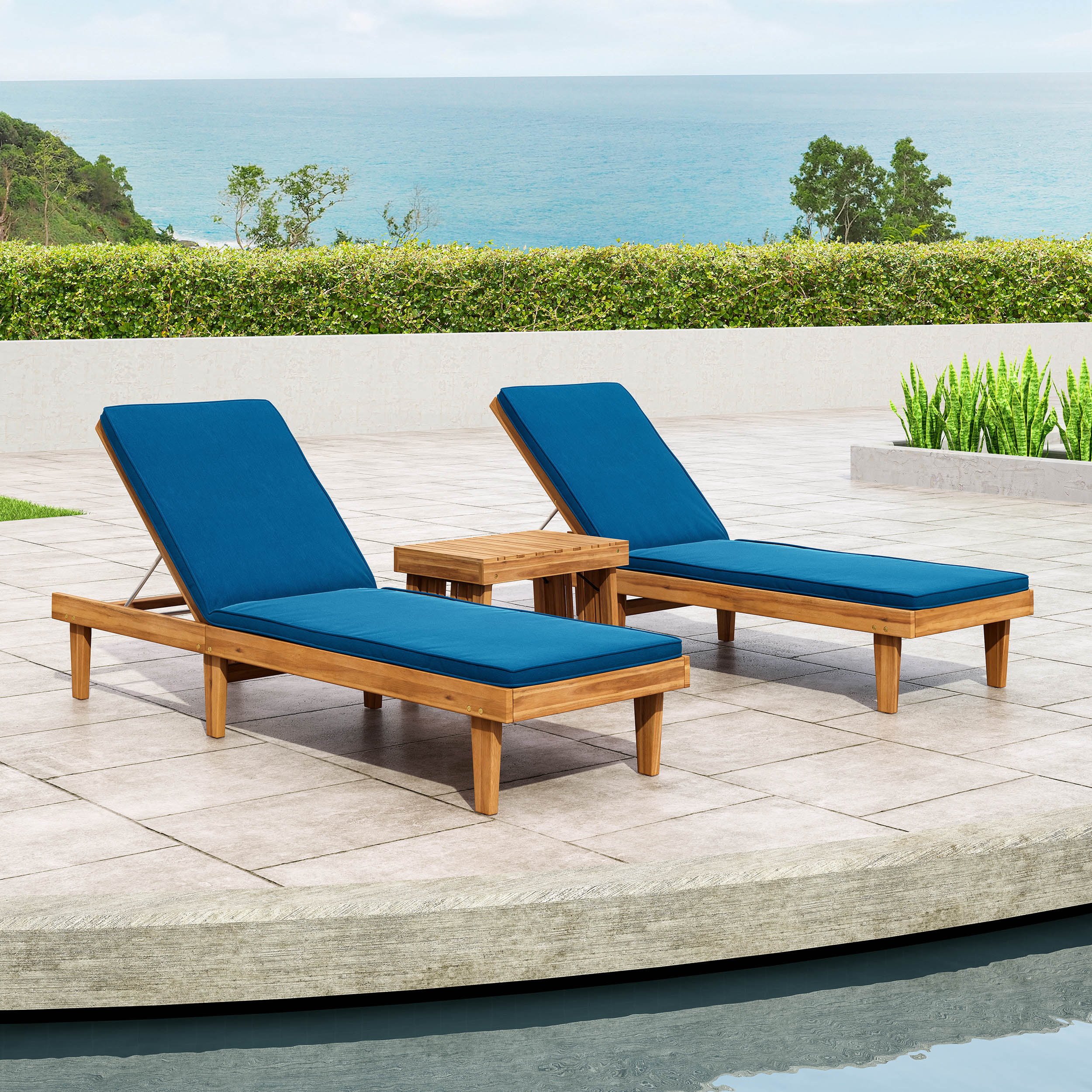 Addisyn Outdoor Acacia Wood 3 Piece Chaise Lounge Set, Teak and Blue - Curated Treasures Market