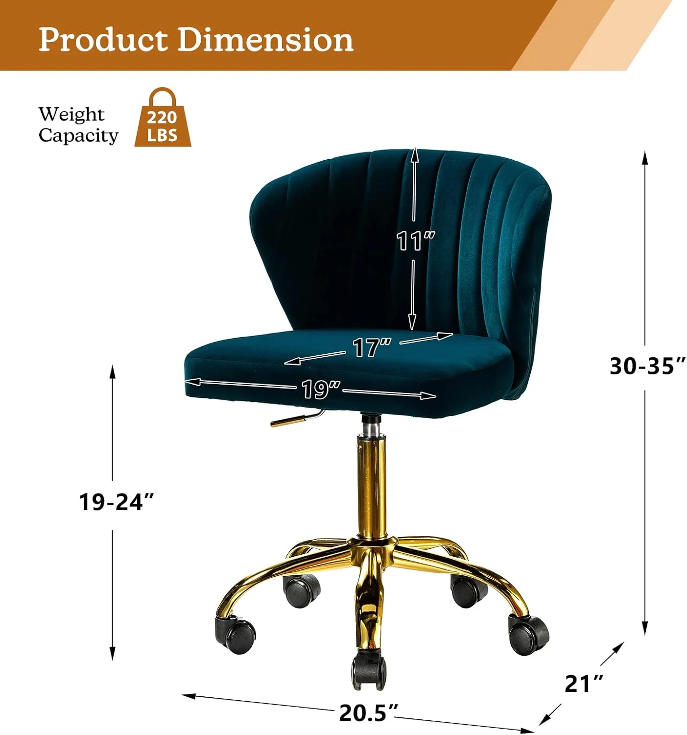 ZWGHLI TINA' Office Desk Chairs with Wheels & Gold Base  Modern Velvet Cute Armless Office Chair  Adjustable Low Back Swivel Rolling Chair  Upholstered Task Chair  Room Vanity Stu - Curated Treasures Market
