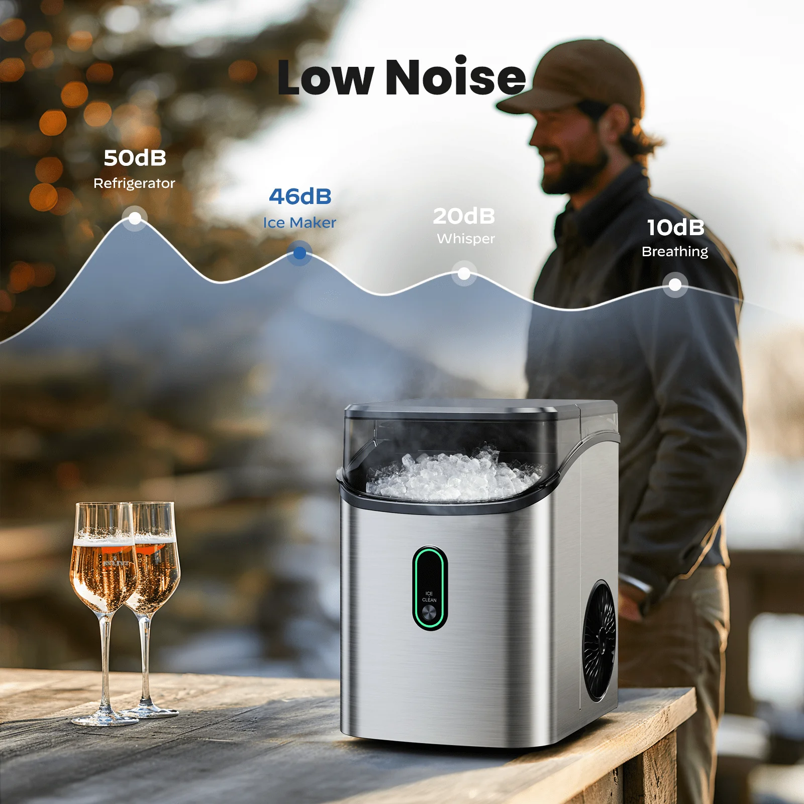 Philergo Nugget Countertop Ice Maker with Soft Chewable Ice, Automatic 33lbs in 24 Hours, Self-Cleaning Ice Machine with Ice Scoop, One-Click Operation-Stainless steel