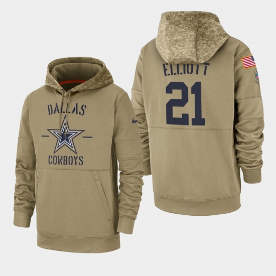 Men's Dallas Cowboys #21 Ezekiel Elliott 2019 Salute to Service Sideline Therma Pullover Hoodie - Tan