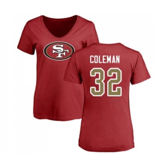 Football Women's San Francisco 49ers #32 Tevin Coleman Red Name & Number Logo T-Shirt