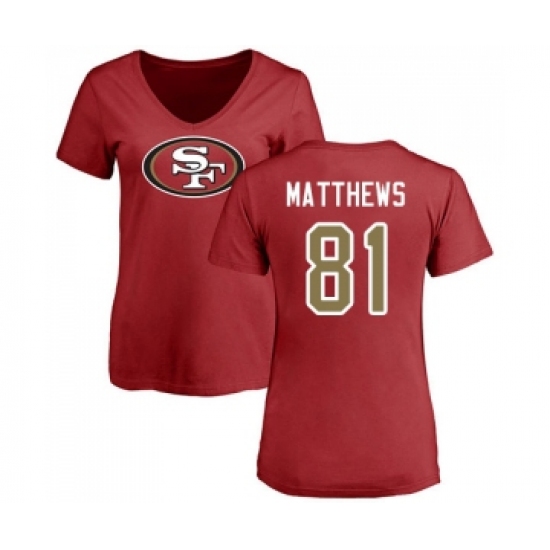 Football Women's San Francisco 49ers #81 Jordan Matthews Red Name & Number Logo T-Shirt