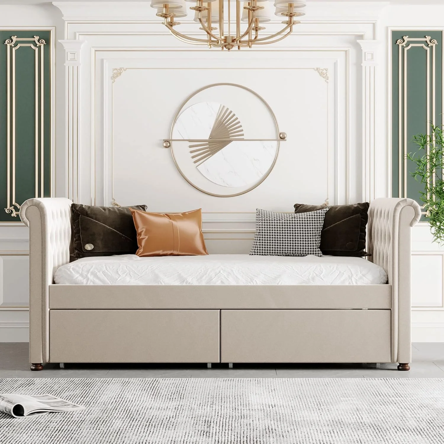 Upholstered Daybed With Storage. Wood Daybed Frame With 2 Drawers Udereath. Tufted Sofa Bed With Wood Slat Support For Bedroom.Livig Room.Beige