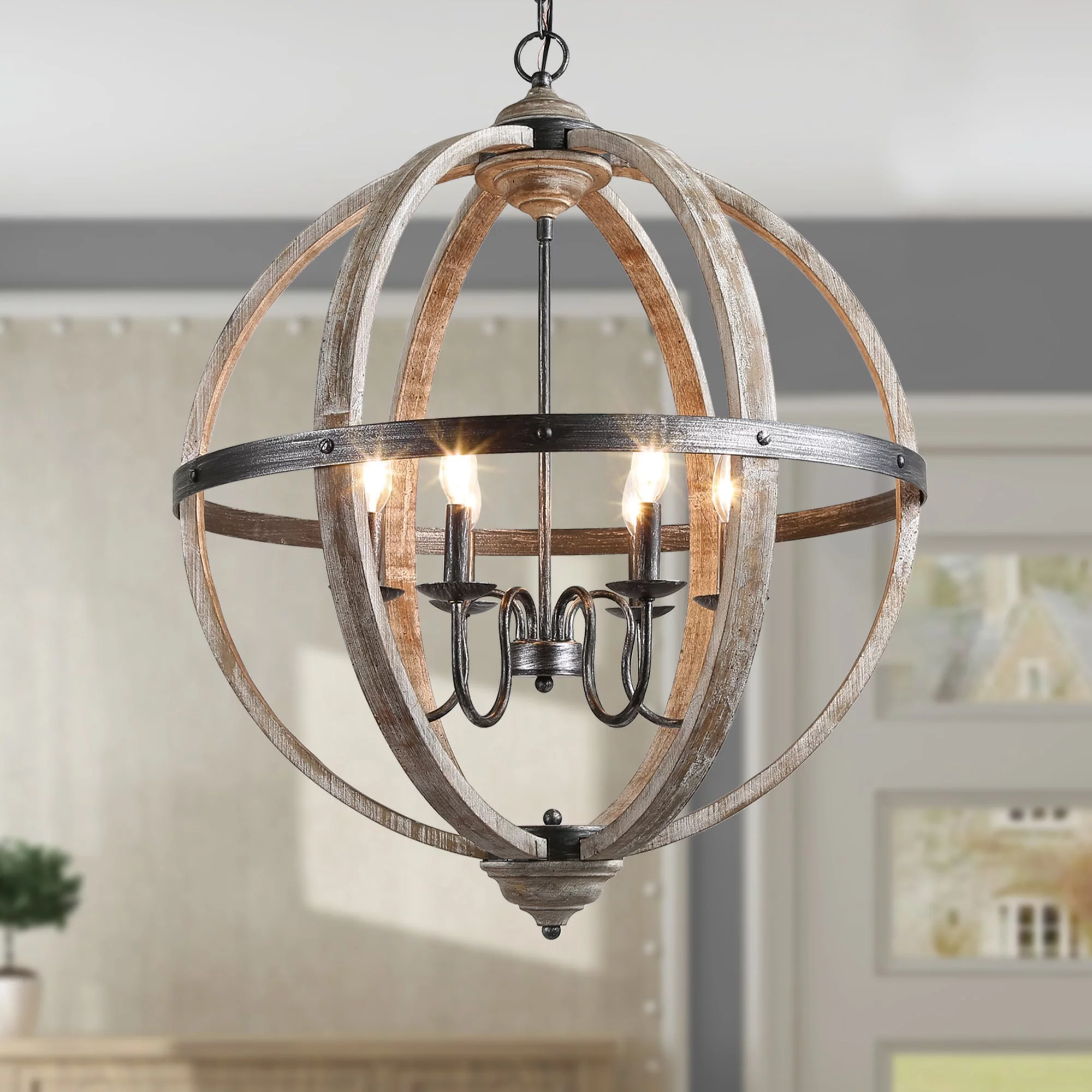 LNC Azizon Farmhouse 6-Light Wood Chandelier Globe Hanging Light for Dining Room 6-Light-D 27