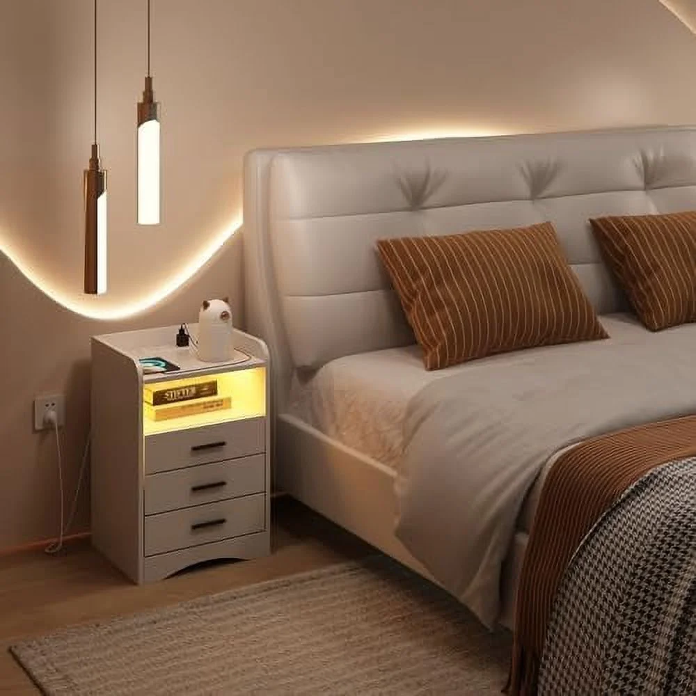 xrboomlife Multi-Functional White Nightstand  with Charging Station and LED Lighting  3 Drawers and 2 Open Shelves  Suitable for Bedroom and Living Room Bed - Curated Treasures Market