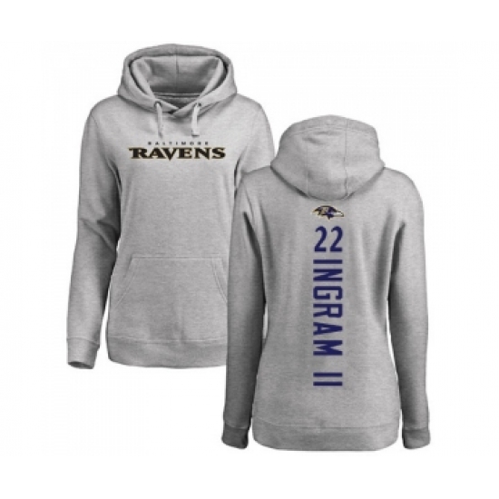 Football Women's Baltimore Ravens #22 Mark Ingram II Ash Backer Pullover Hoodie