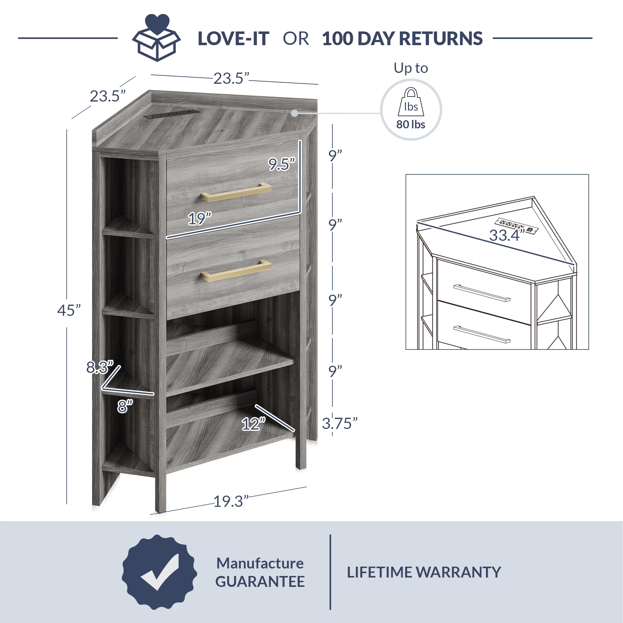 BELLEZE Corner Cabinet with Power Strip, Corner Table with 2 Storage Drawers and 10 Shelves, Store and Organize Home Furniture for Small Space - Sonoma (Gray) - Curated Treasures Market