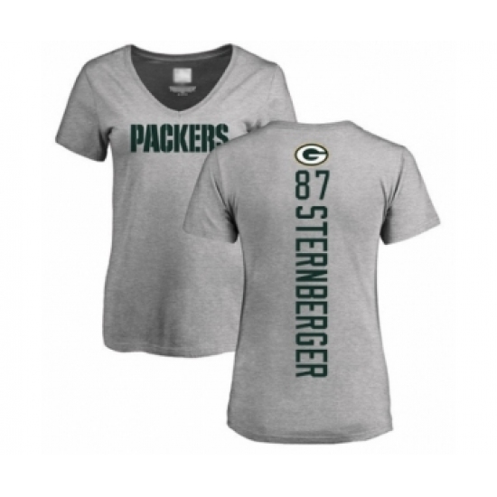 Football Women's Green Bay Packers #87 Jace Sternberger Ash Backer V-Neck T-Shirt