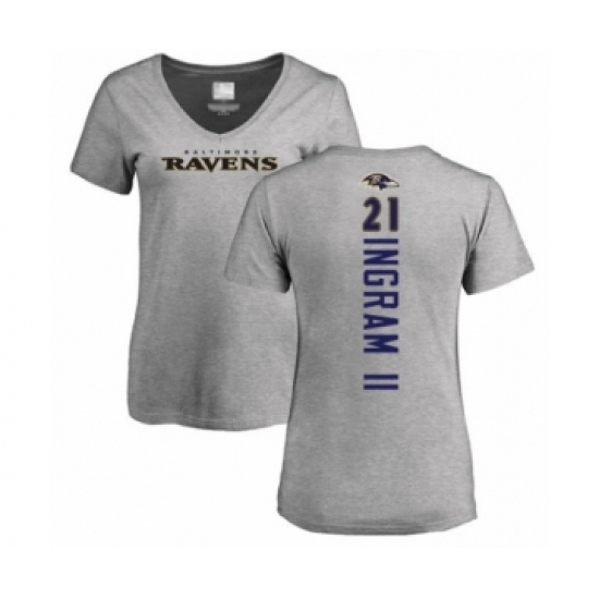 Football Women's Baltimore Ravens #21 Mark Ingram II Ash Backer V-Neck T-Shirt