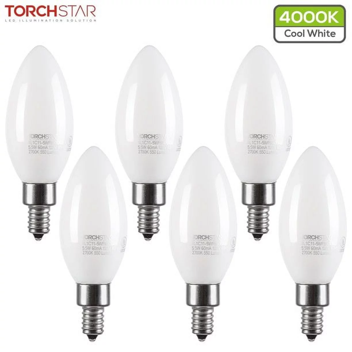 TORCHSTAR Dimmable E12 LED Candelabra Bulb, UL Listed, 60W Equivalent Chandelier Light Bulbs, 550LM, LED Filament Candle Bulb C11, Frosted Glass Ceiling Fan Light Bulbs, 4000K Cool White, Pack of 6