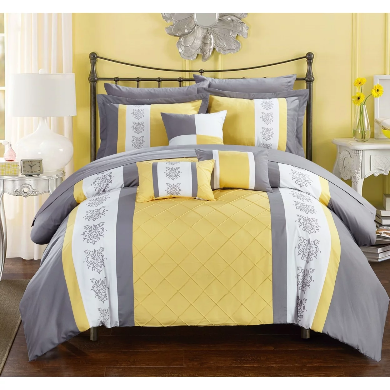 Chic Home 8/10 Piece Adam Pintuck Pieced Color Block Embroidery Bed In a Bag Comforter Set With sheet set - Curated Treasures Market