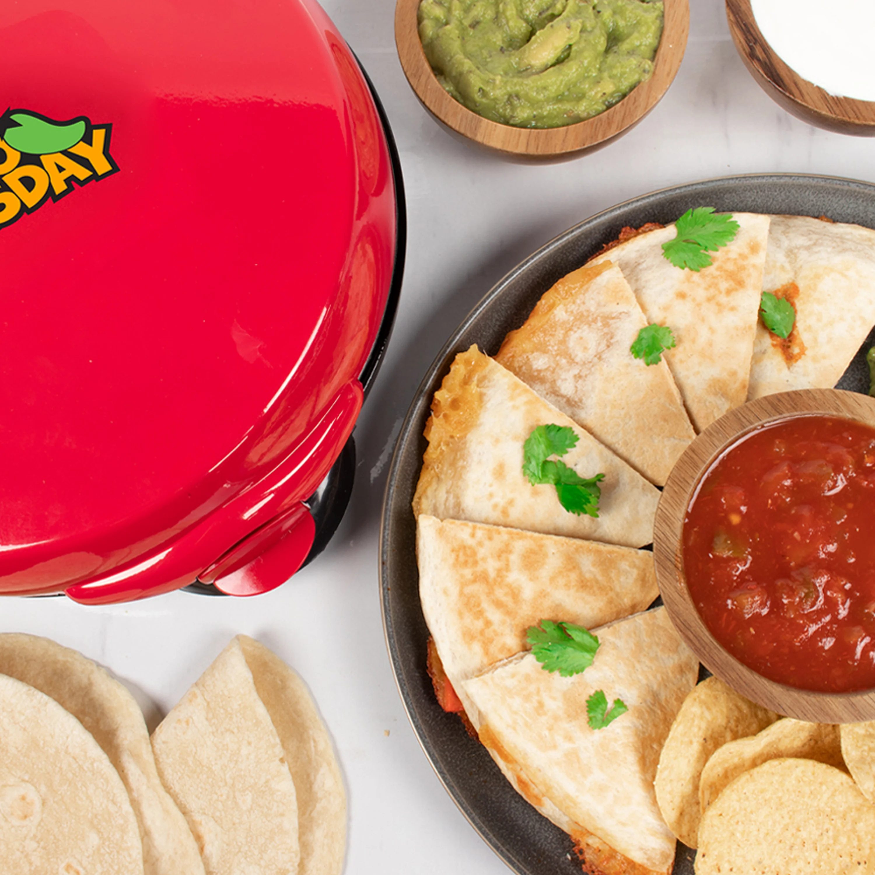 Taco Tuesday Deluxe 8-Inch 6-Wedge Electric Quesadilla Maker with Extra Stuffing Latch