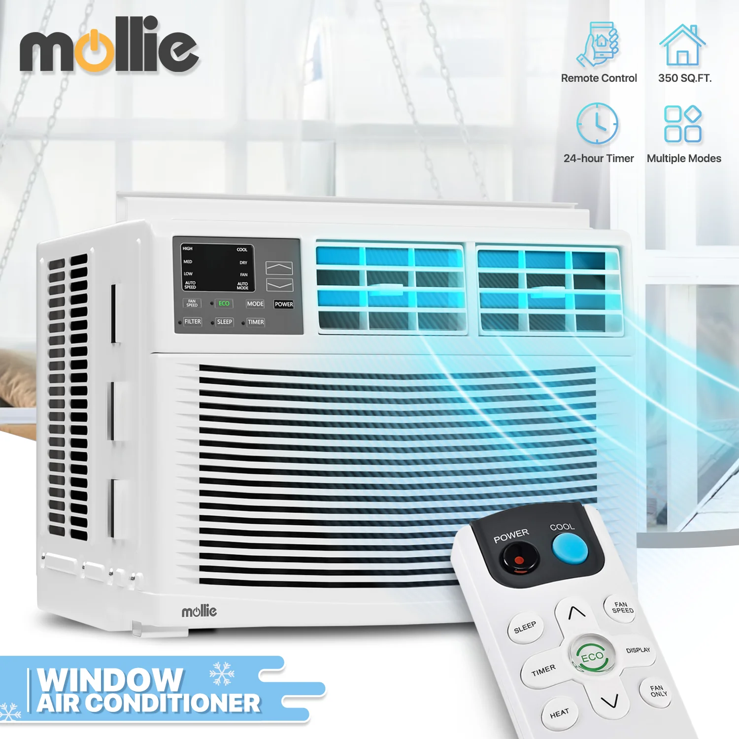 mollie 12,000 BTU 115V Window Air Conditioner, Cools Rooms up to 450 Sq.Ft., with Remote Control, 24H-Timer, 3 Fan Speeds and Auto-Restart, White