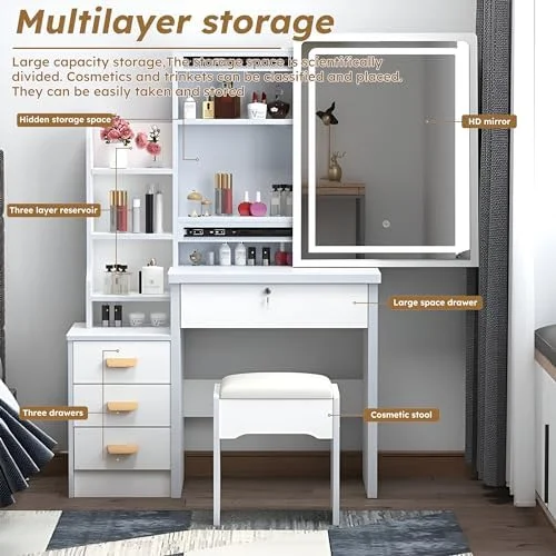 GVJMTKP Vanity Set with Lighted Mirror - 35.4" Large White Vanity Desk with 6 Drawers and Shelves  Hidden  Space Design  Vanity Table  Dressing Desk and Cushioned Stool Set for Bedroo - Curated Treasures Market