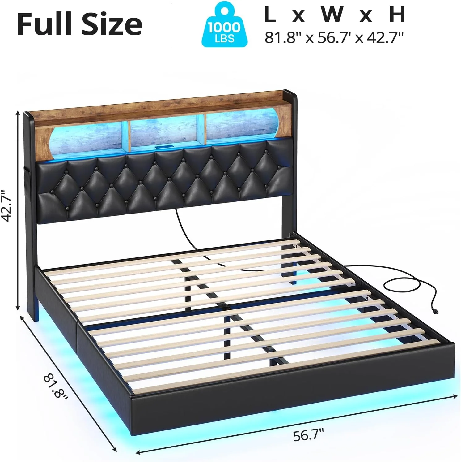 Full Size Floating Bed Frame with LED Light&Charging Station, Upholstered Platform Bed with Storage Headboard, Noise-Free, Black - Curated Treasures Market