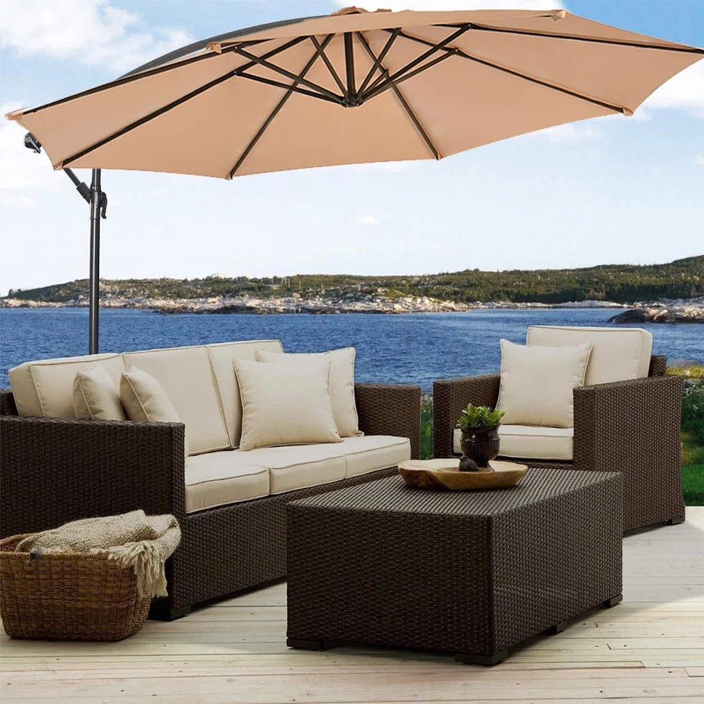 New Tan Patio Umbrella Offset 10' Hanging Umbrella Outdoor Market Umbrella D10 - Curated Treasures Market