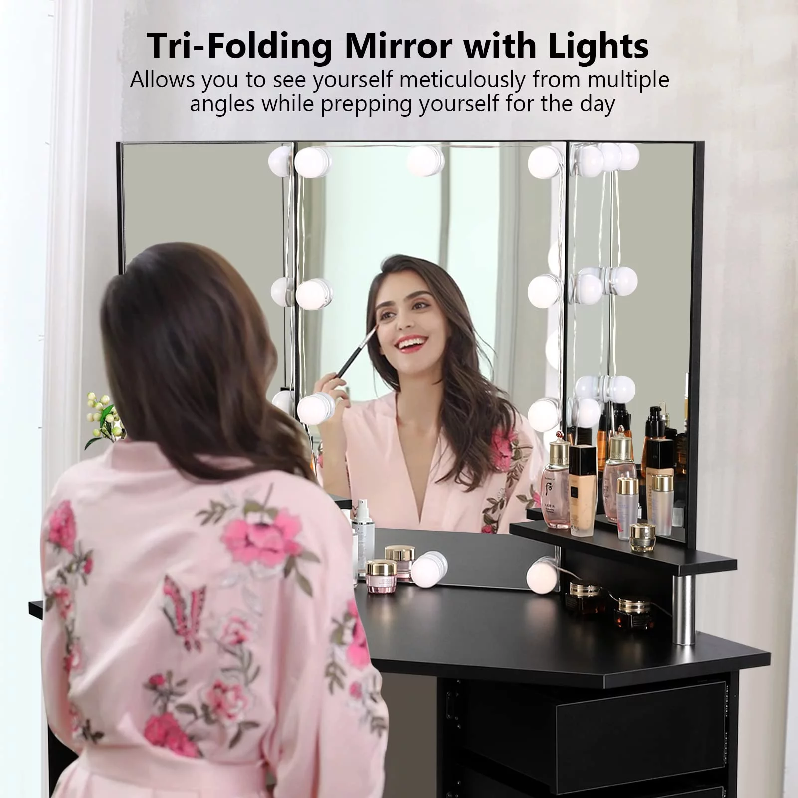 Makeup Vanity Desk with Mirror and Lights Adjustable Brightness 3 Color Modes for Bedroom Black - Curated Treasures Market