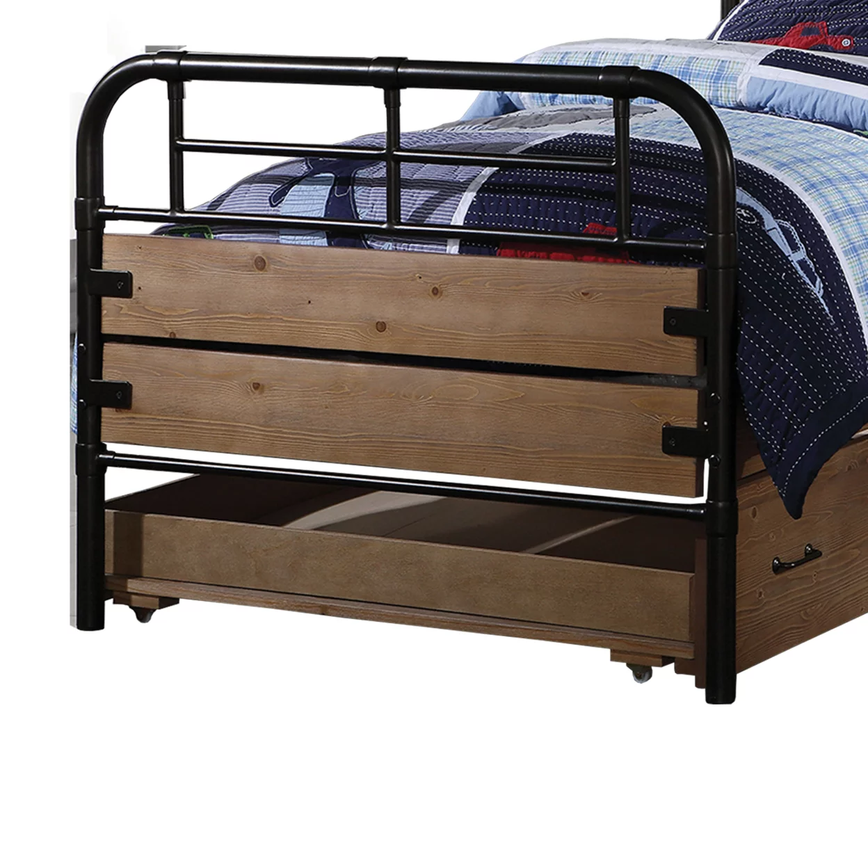 Industrial Style Metal and Wood Twin Size Bed with Slated Headboard Black and Brown- Saltoro Sherpi
