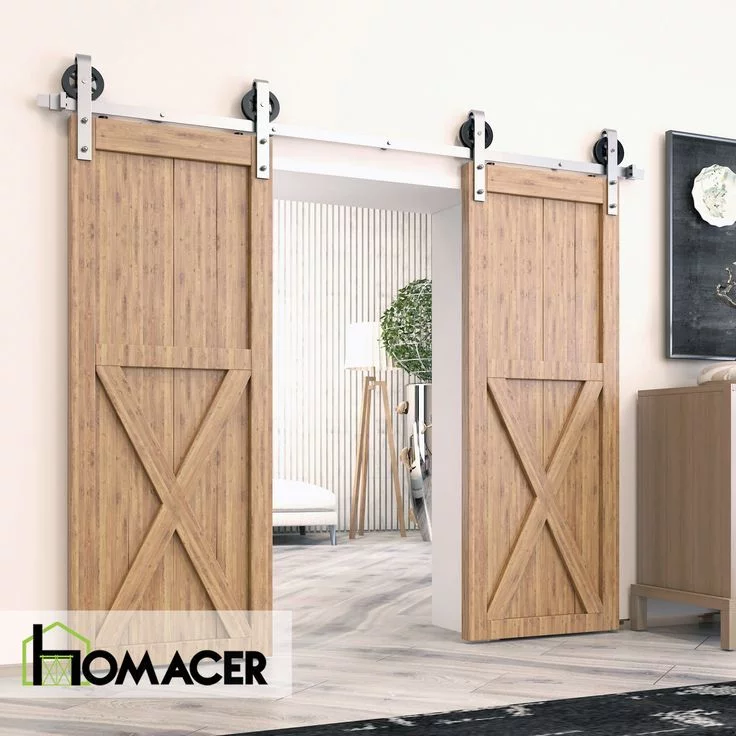 Homacer Brushed Nickel Sliding Barn Door Hardware Kit, for Two/Double Doors, 6.6ft Long Flat Track, Spoke Wheel Design Roller, Heavy Duty, for Interior & Exterior Use - Curated Treasures Market