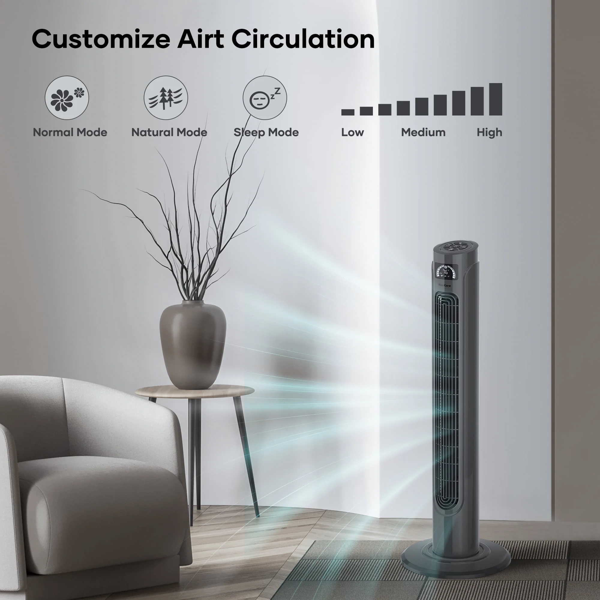 MaxKare 36 Tower Fan with Remote Controller, 3 Speeds 3 Modes 15H Timer Settings, 90° Oscillating, LED Display, 60dB Quiet Fan, Grey