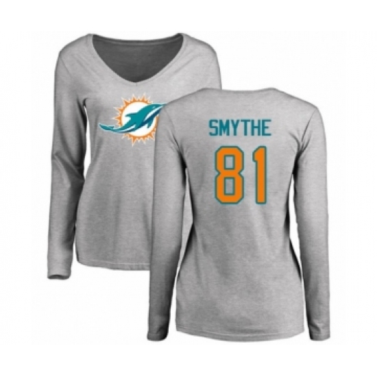 Football Women's Miami Dolphins #81 Durham Smythe Ash Name & Number Logo Long Sleeve T-Shirt