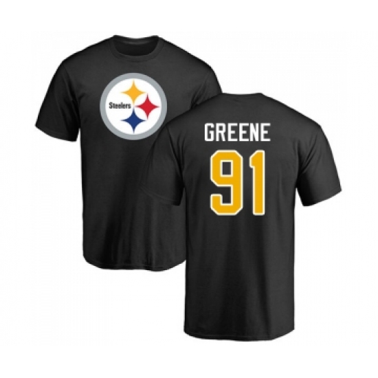 Football Pittsburgh Steelers #91 Kevin Greene Black Name & Number Logo T-Shirt