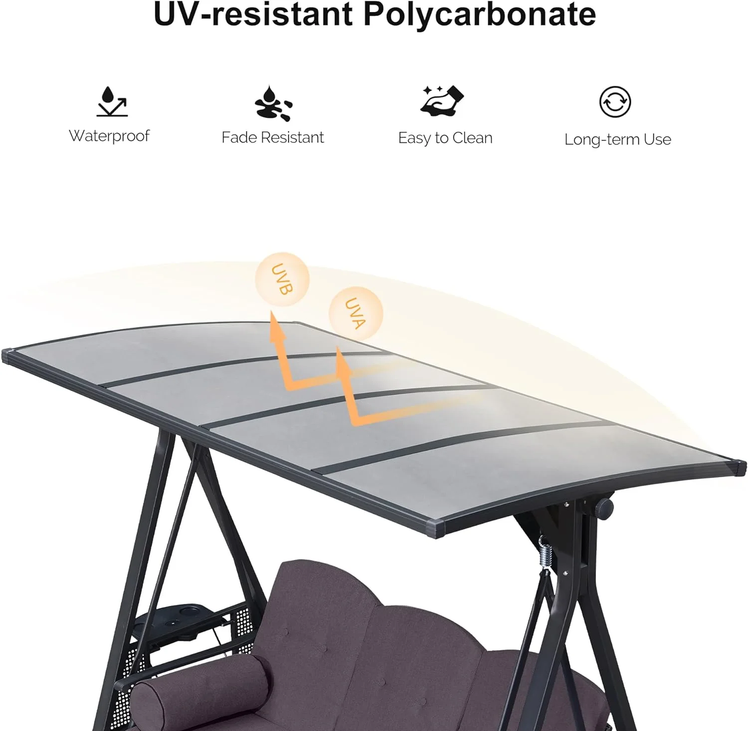 PURPLE LEAF Outdoor Patio Porch Swing with Adjustable PVC Canopy, 3-Seat Swing Chair Bench with Side Cup Holder for Backyard Front Porch Lawn, Cushions and Pillow Included, Grey - Curated Treasures Market