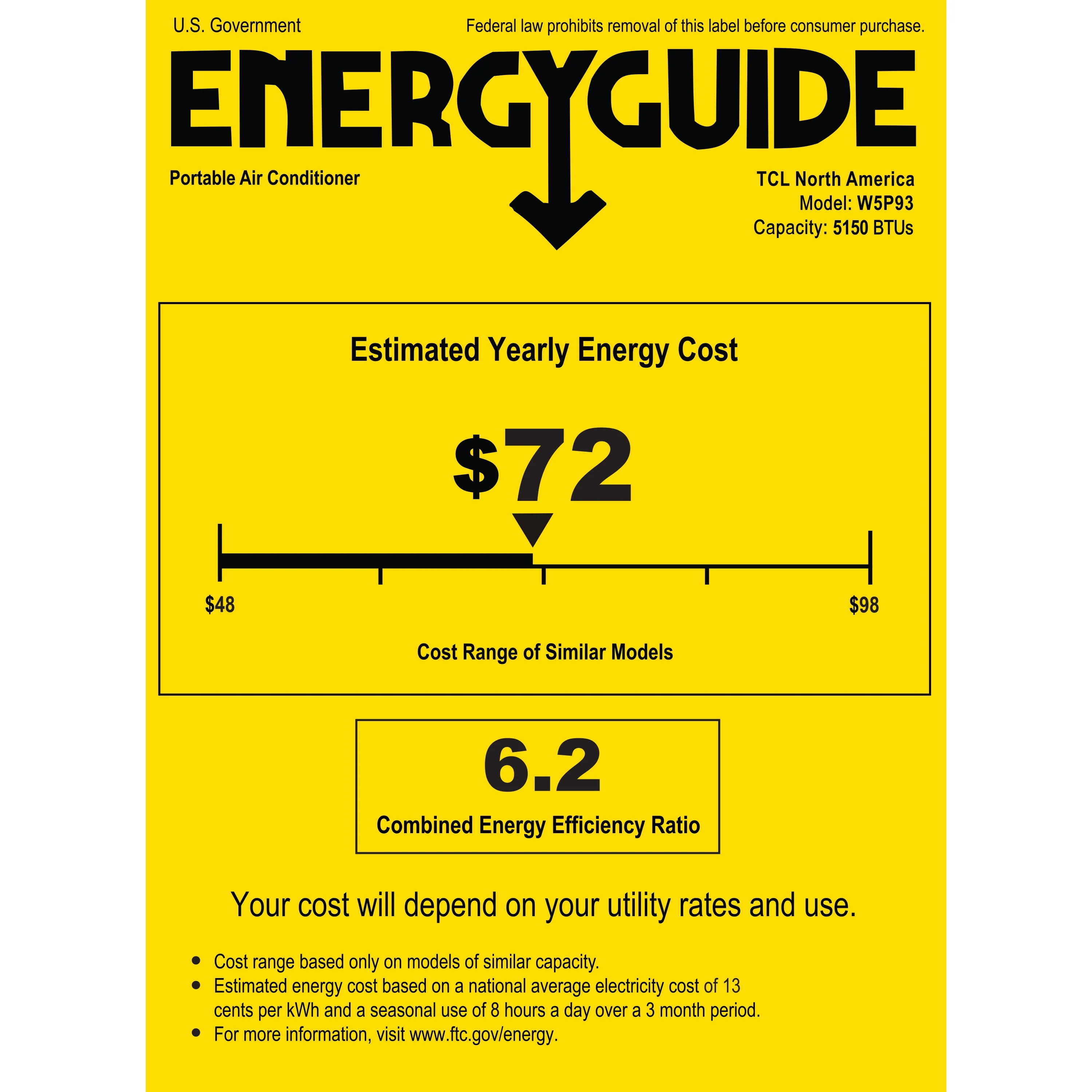 TCL 5,000 BTU Smart Portable Air Conditioner, White, W5P93