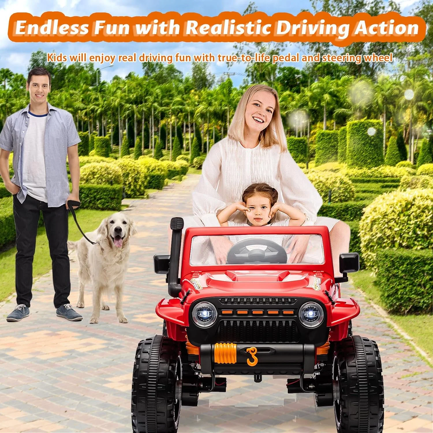 UPYOOE 24V Kids Ride On Truck, 2 Seater Electric Vehicle w/Remote Control, 4 Wheels, 4x55W Powerful Engine, 4WD Battery Powered, 3 Speeds, LED Lights, Soft Braking, Gift for Children Girls, Boys (Red) - Curated Treasures Market