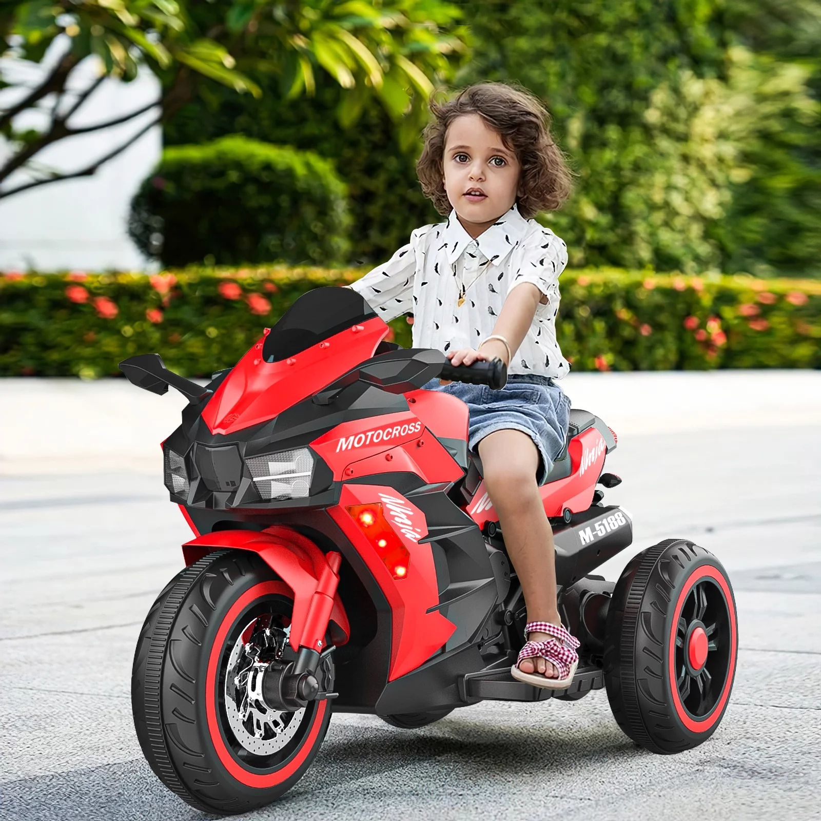 HNH Ride on Toys 12v Battery Powered Ride on Motorcycle for Kids 3 Wheels Motorcycle with LED Lights Music Red,Child