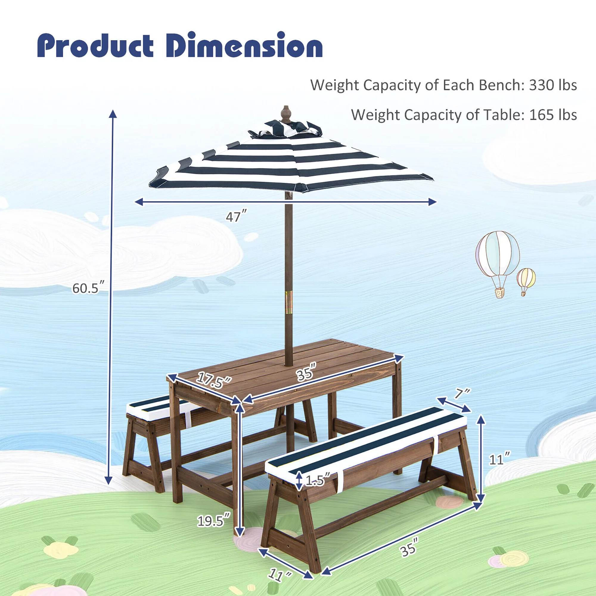 Gymax Kids Wood Picnic Table and Bench Set w/ Cushions Umbrella for Indoor Outdoor Brown