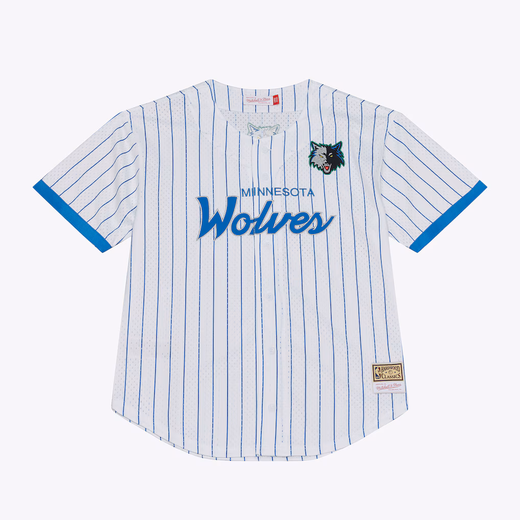 Men's Minnesota Timberwolves Mitchell & Ness White Head Coach Pinstripe Mesh Full-Button Baseball Jersey