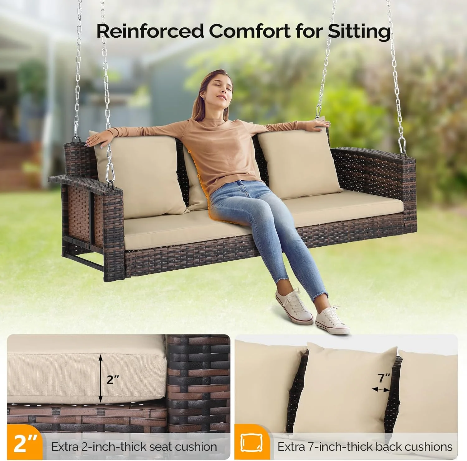 VINGLI 5 ft Rattan Outdoor Porch Swing, Heavy Duty 800 lbs Wicker Hanging Swing with Cushions for Porch, Yard, Balcony, Tree, Brown - Curated Treasures Market