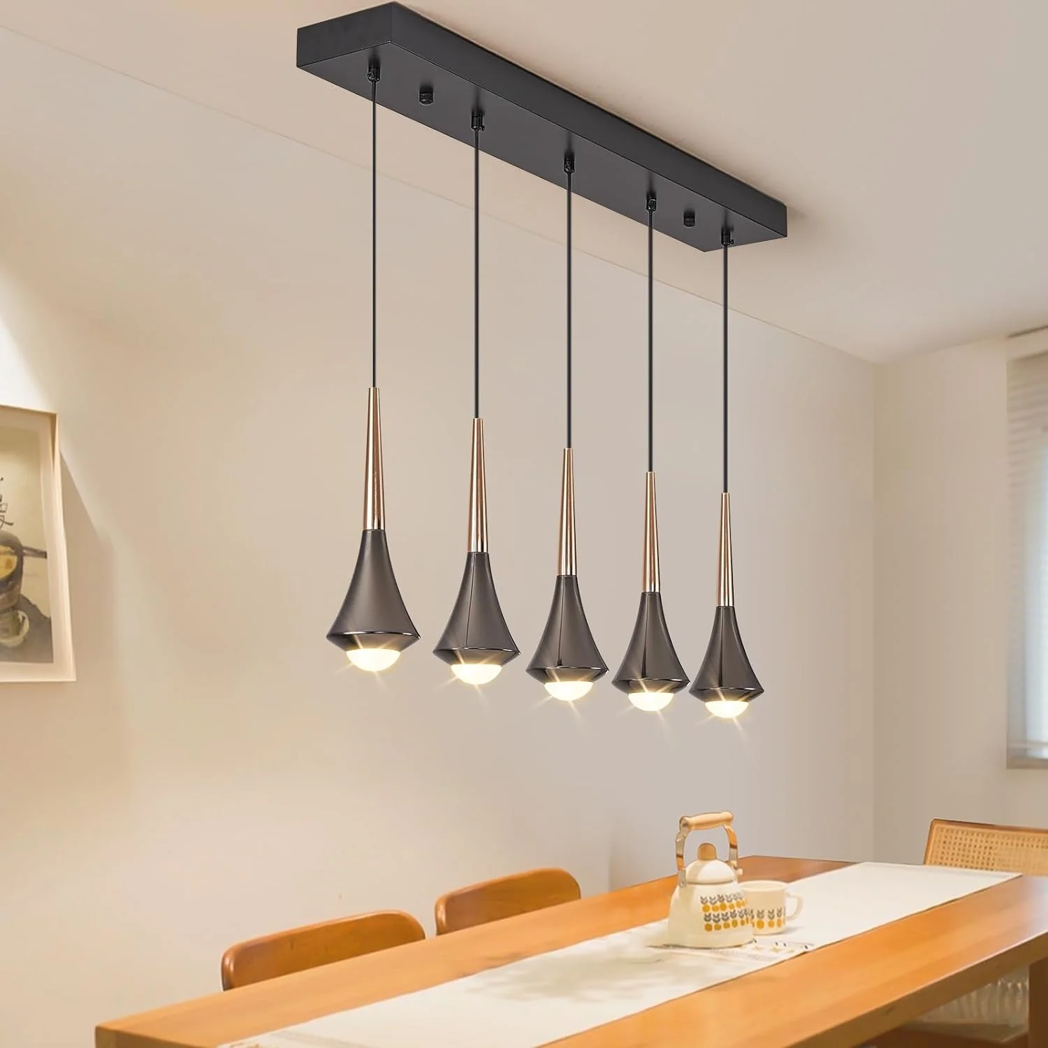 Modern Black & Gold Pendant Light for Kitchen Island, 45W LED Raindrop Chandelier Light Fixture Over Table, Teardrop Pendant Light Ceiling Hanging Chandelier for Dining Room/Neutral Light