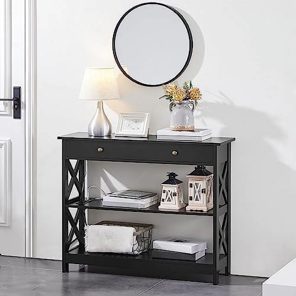 ZFGSUIJN Console Table with Drawer  39.5" Entryway Table with  Shelves  Narrow Long Sofa Table with Outlets & USB Ports  3-Tier Entry Table for Living Room  Hallway  Foyer  Black - Curated Treasures Market