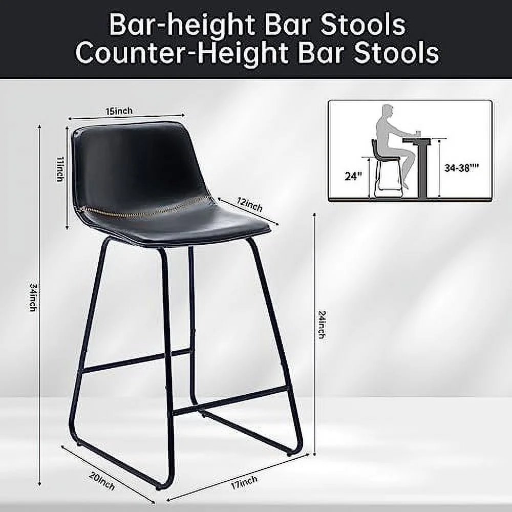 GVJMTKP Industrial Faux Leather  Stools Set of 4 Urban Armless Dining Chairs with Metal Legs Modern Quilting Counter Height Barstools for High Desk Home Office Restaurants 24" Black - Curated Treasures Market