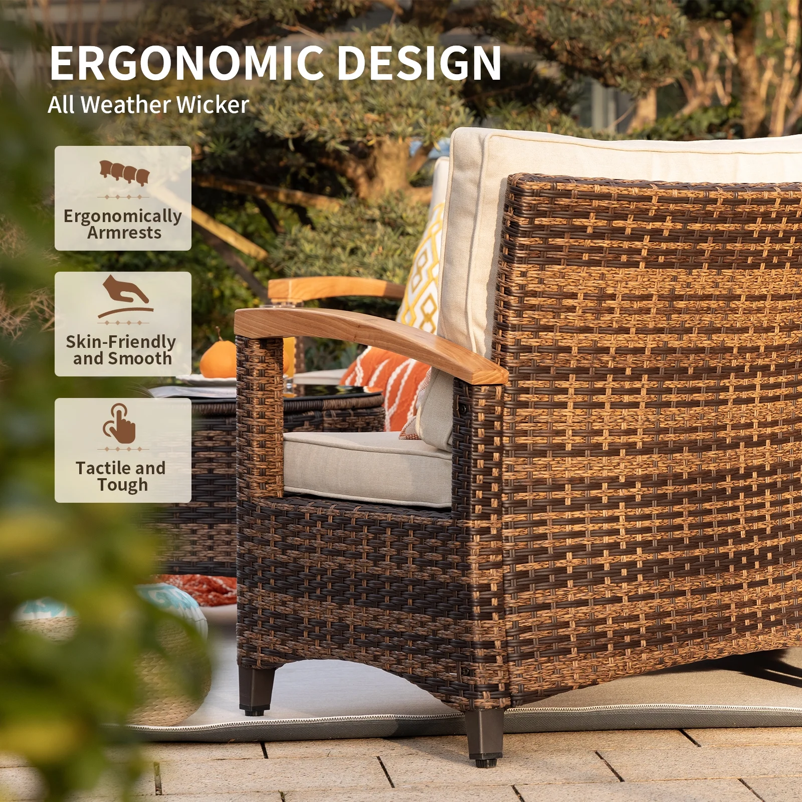 MEISSALIVVE 9 Piece Outdoor Patio Furniture Set, Half-Moon Curved Sectional Sofa Rattan Patio Conversation Set with Wood Armrests, Tempered Glass Round Coffee Table & Side Table（Beige） - Curated Treasures Market