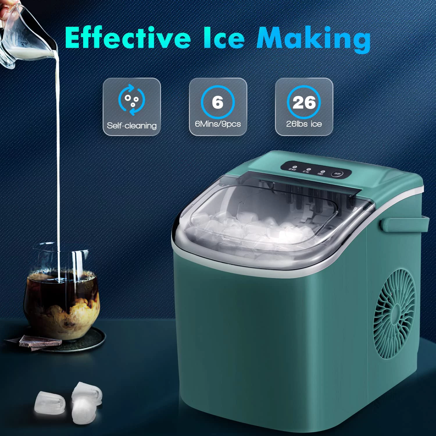 Ice Makers Countertop with Self-Cleaning, 26.5Lbs/24Hrs, 9 Cubes Ice Ready in 6 Mins, Portable Ice Maker with Ice Scoop/Basket for Home/Kitchen/Office/Bar, White(with Handle) - Curated Treasures Market
