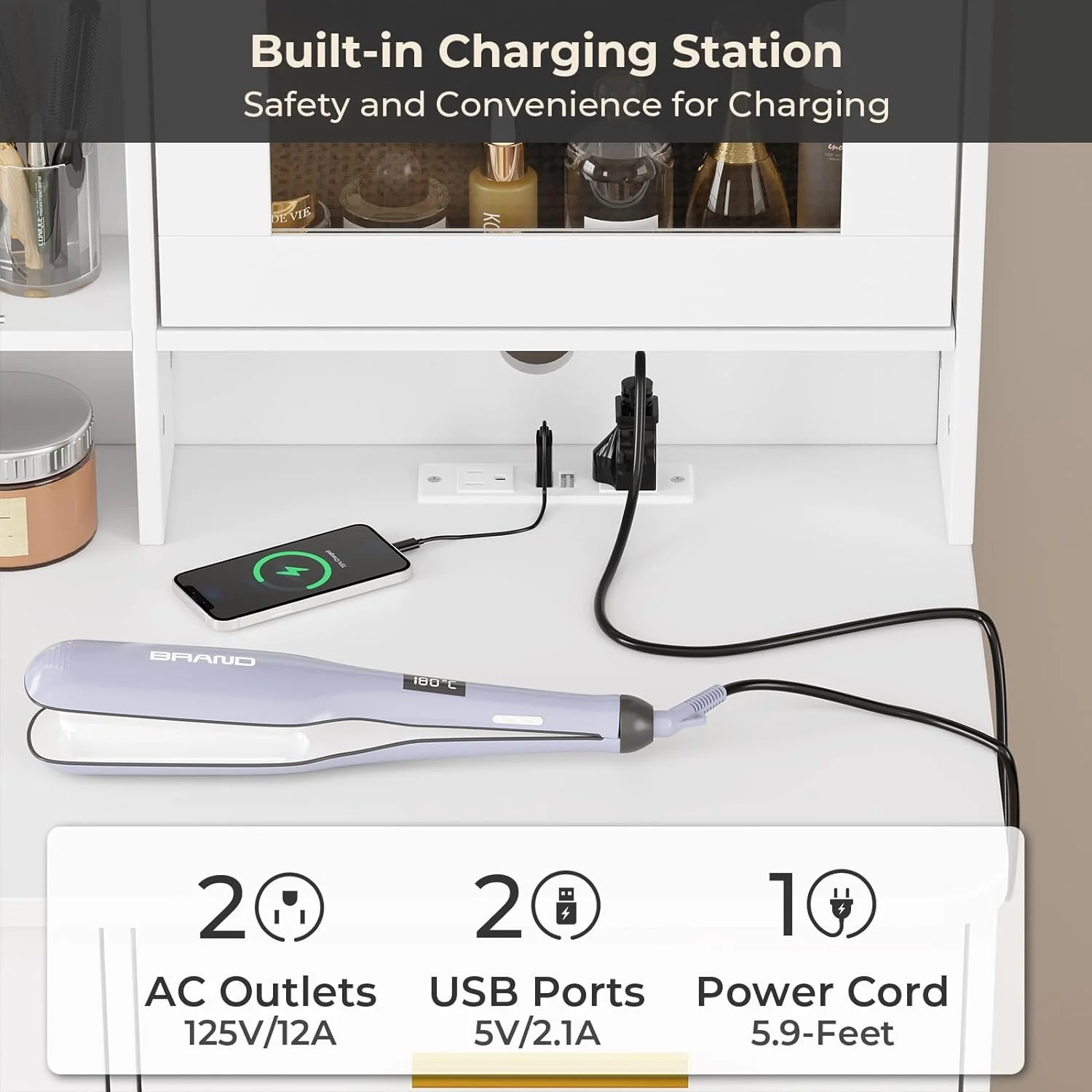 Makeup Vanity Desk with Mirror and Lights, Modern Vanity Desk Dressing Table with Charging Station&2 Drawers&Jewelry Cabinet for Women Girls, White - Curated Treasures Market