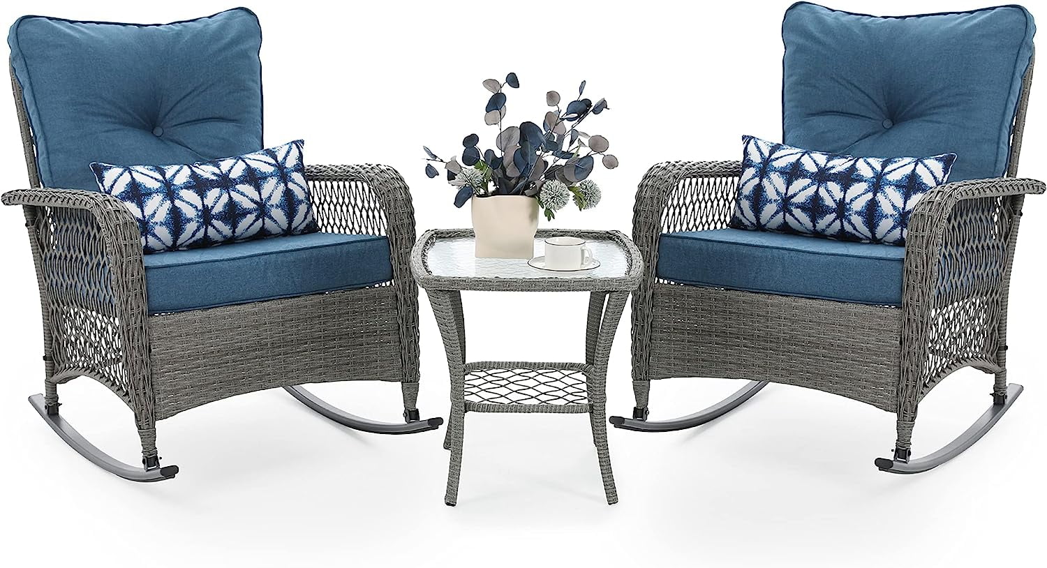UDPATIO 3 Piece Patio Set Rocking, Rattan Outdoor Rocking Patio Bistro Set  for Backyard, Porch, Balcony, Poolside(Blue)