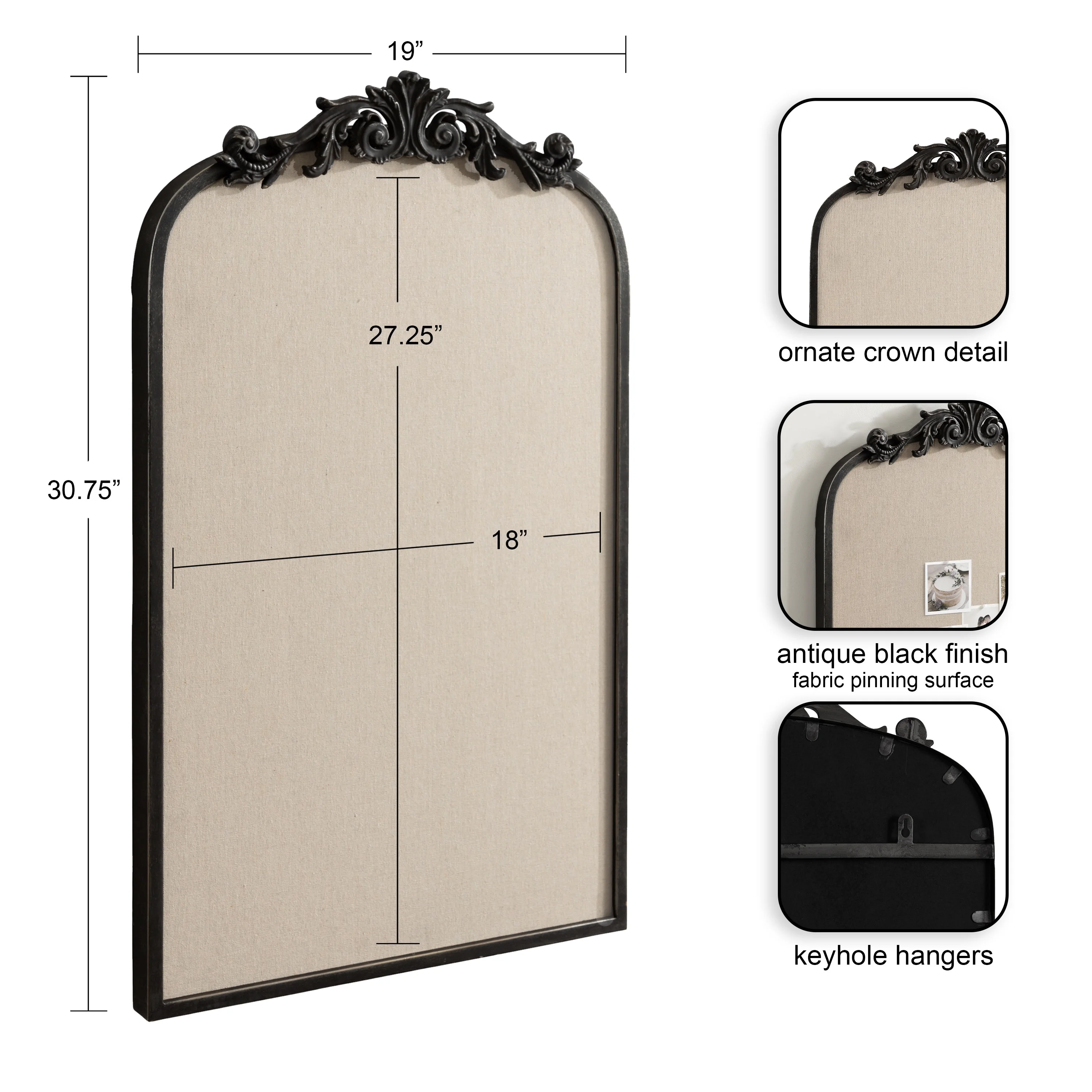 Kate and Laurel Arendahl Vintage Decorative Arched Pinboard, 19 x 31, Black, Framed Arch Ornate Bulletin Board for Unique Display, Organization, and Decor Options - Curated Treasures Market