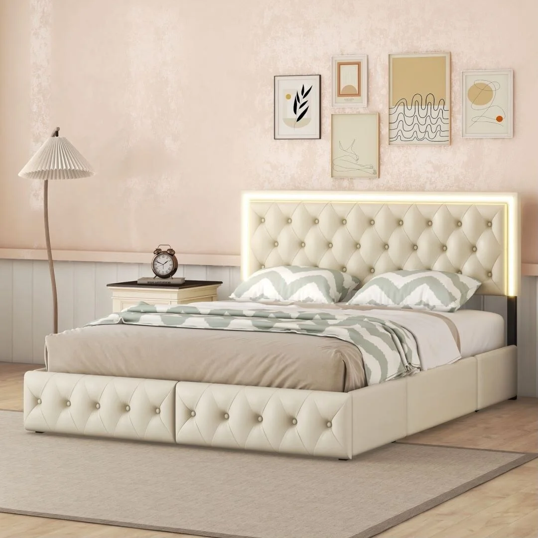 PU?Leather?Queen?Bed?Frame?with?4?Storage?Drawers?and?LED?Headboard Beige - Curated Treasures Market