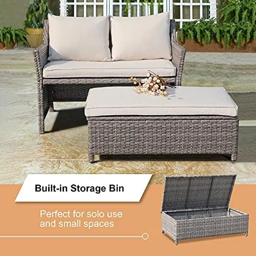 HBBOOMLIFE 2-Piece Outdoor Patio  Wicker Love-seat and Coffee Table Set  with Built-in  Bin  Grey Rattan  Navy Blue Cushions - Curated Treasures Market