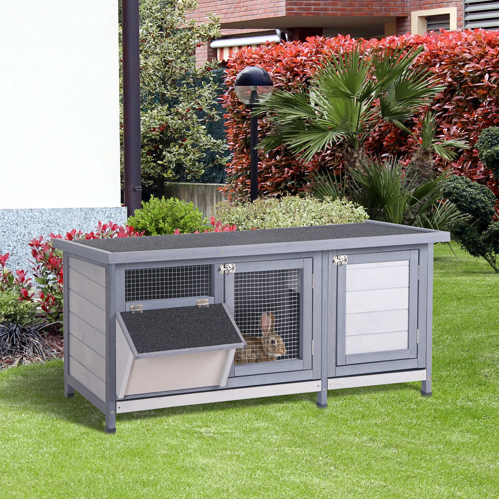 PawHut Wooden Rabbit Hutch Bunny Hutch Cage Guinea Pig with Waterproof Roof, No Leak Tray and Feeding Trough, Indoor/Outdoor, Gray - Curated Treasures Market