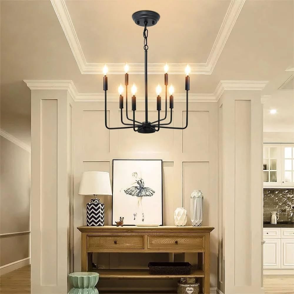 8-Light Candle Pendant Light Fixtures Vintage Industrial Hanging Lighting Modern Chandelier for Dining Room Living Room Kitchen Island Bedroom,Black Chandeliers, Matte Black