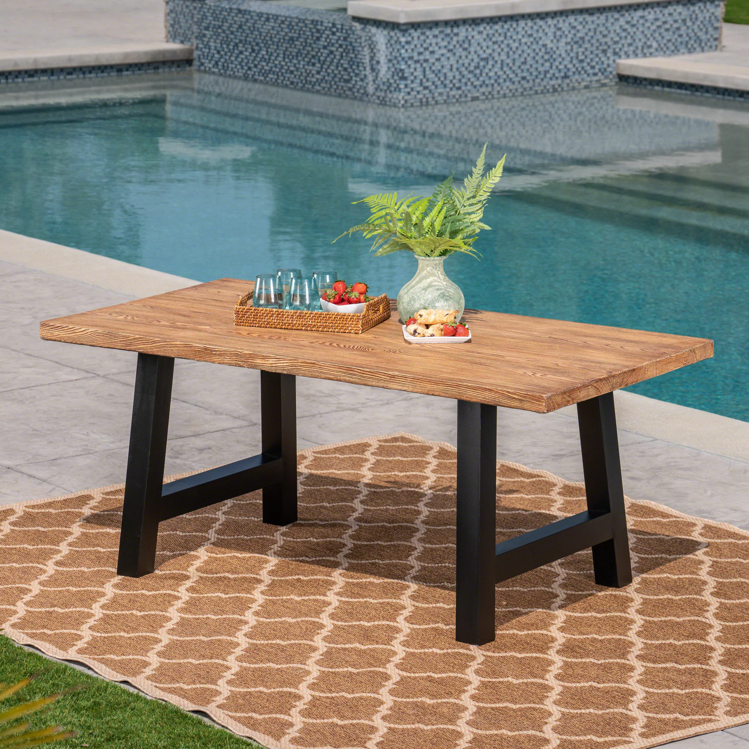GDF Studio Hammond Outdoor Lightweight Concrete Rectangular Dining Table Natural Oak and Black, 6 Person - Curated Treasures Market
