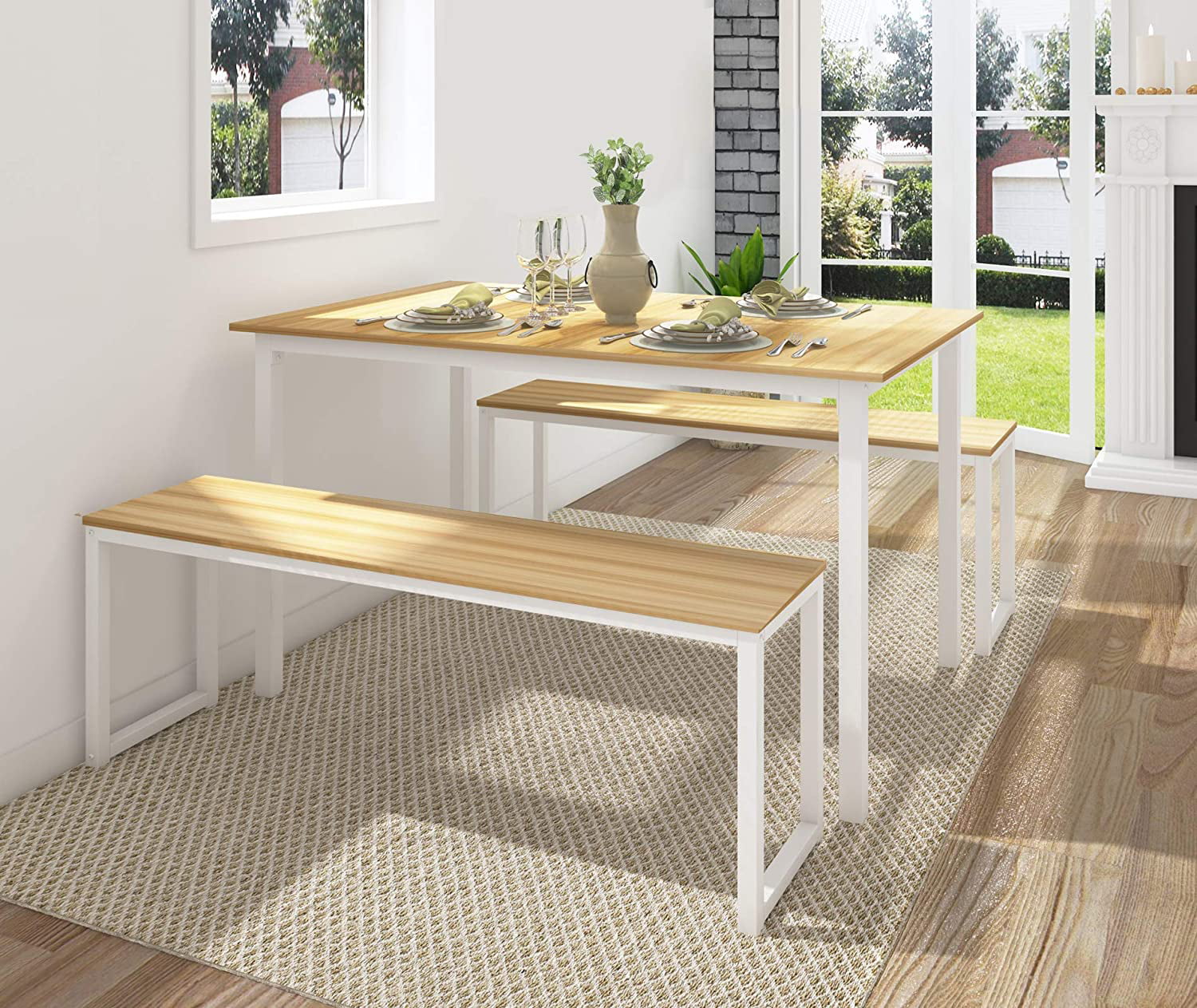 FITUEYES 3-Piece Dining Table Set with 2 Benches, White - Curated Treasures Market